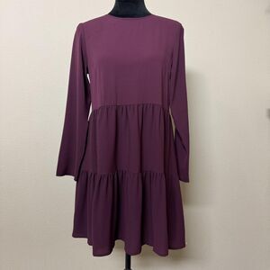 ASOS Design Dress Womens 6 Burgundy Long Sleeve Tiered Babydoll Mini Smock